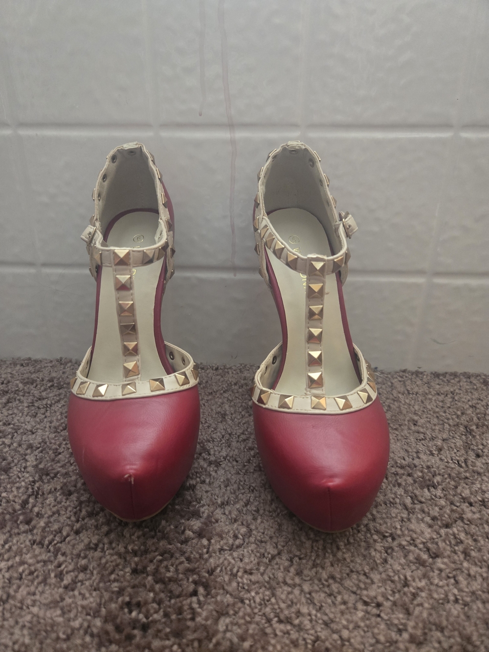 Wild Diva Red T-Strap Pumps with Gold Stud Trim